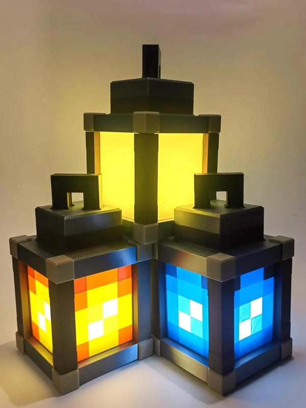 MC Style LED Night Light Lantern, Rechargeable Gaming Room Lamp, Blue Yellow Light, Pixel Design, Kids Bedroom Decor, Birthday Christmas Gift, 4x4x7.5 Inches