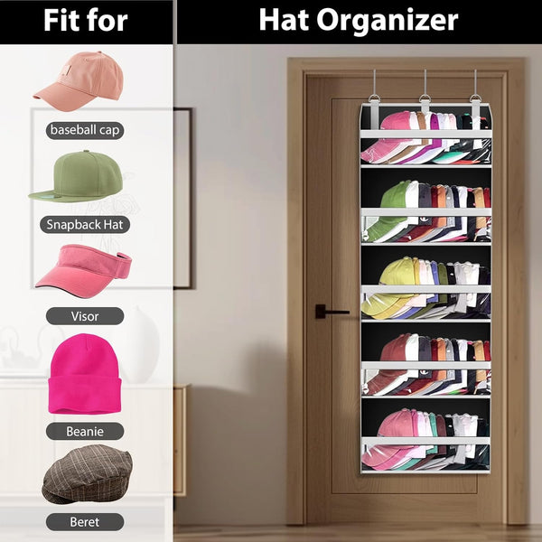 Over the Door Hat Organizer & Rack - Holds 60 Baseball Caps, Hat Storage for Closet Door Wall with 10 Clear Mesh Pockets, Grey
