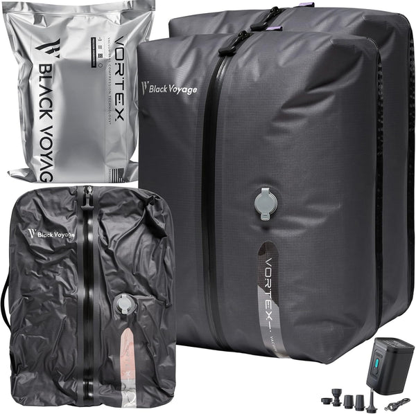 Black Voyage Reusable Vacuum Compression Travel Bag for Carry-On Suitcase and Backpack, Recycled IP67 Waterproof Space Saver Vacpack (2-Pack, 18L - No Pump)