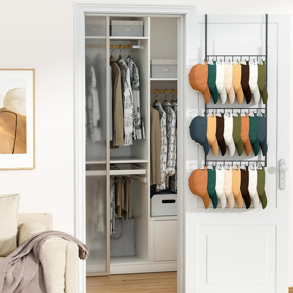 HapiRm Over Door Hat Rack - 3 Tier Wall Mounted Hat Organizer with 16 Hooks and 10 Movable Clips, Cap Hanger Storage up to 26 Caps for Door, Bedroom, Closet USPTO Patent Pending